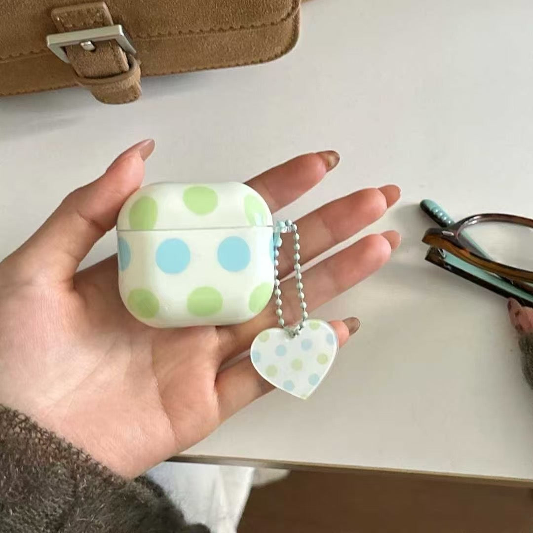 Polka Dot AirPods Case with Heart Charm – Pastel Blue & Green mysite