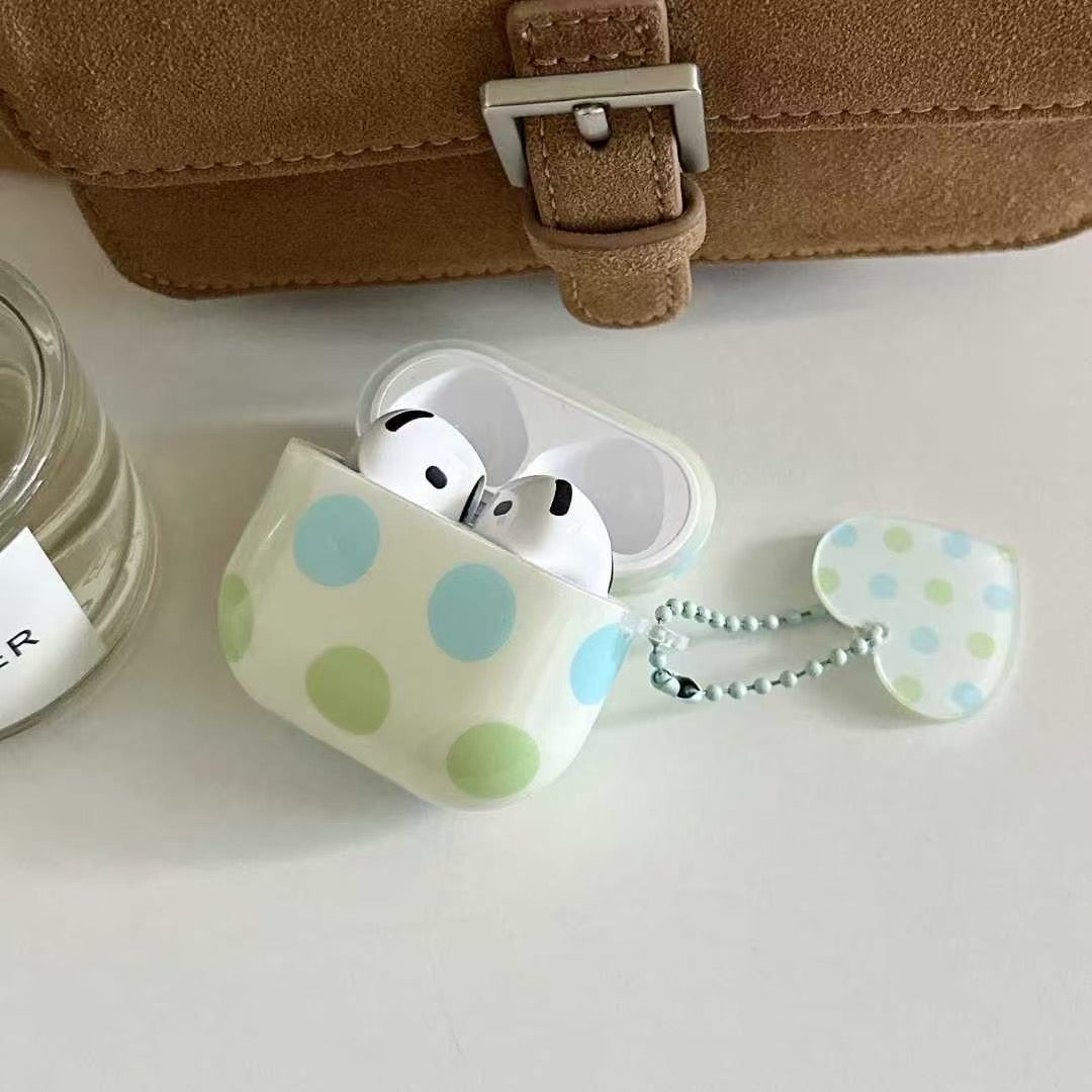 Polka Dot AirPods Case with Heart Charm – Pastel Blue & Green mysite