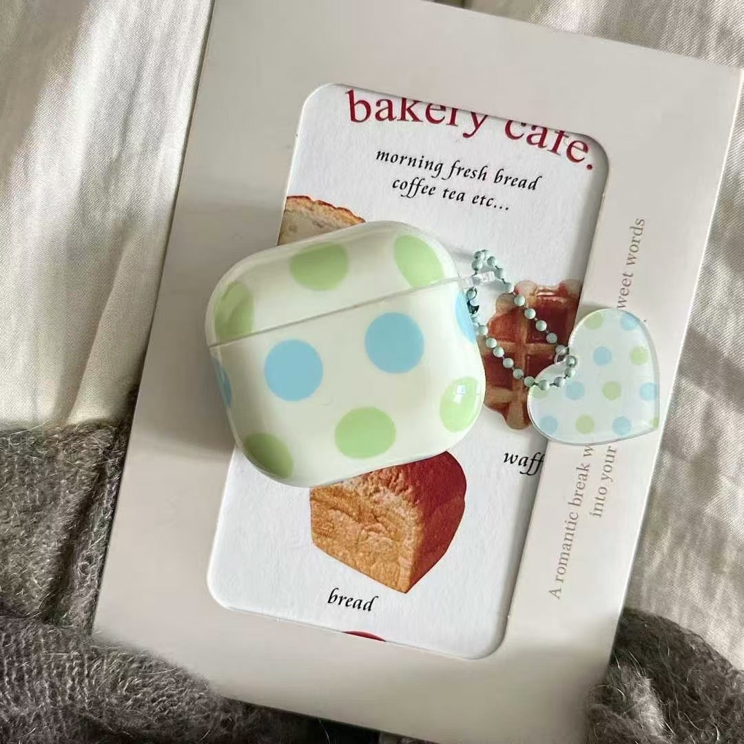 Polka Dot AirPods Case with Heart Charm – Pastel Blue & Green mysite