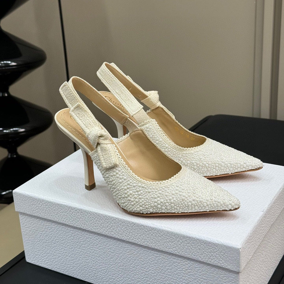 J'ADIOR POINTED TOE SLINGBACK PUMPS IN WHITE BEADED FABRIC
