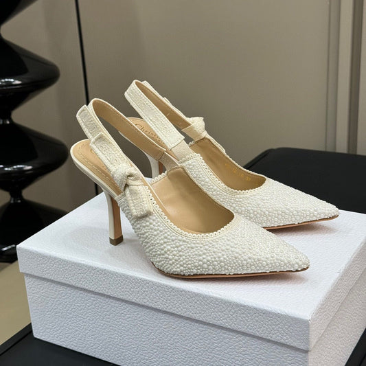 J'ADIOR POINTED TOE SLINGBACK PUMPS IN WHITE BEADED FABRIC