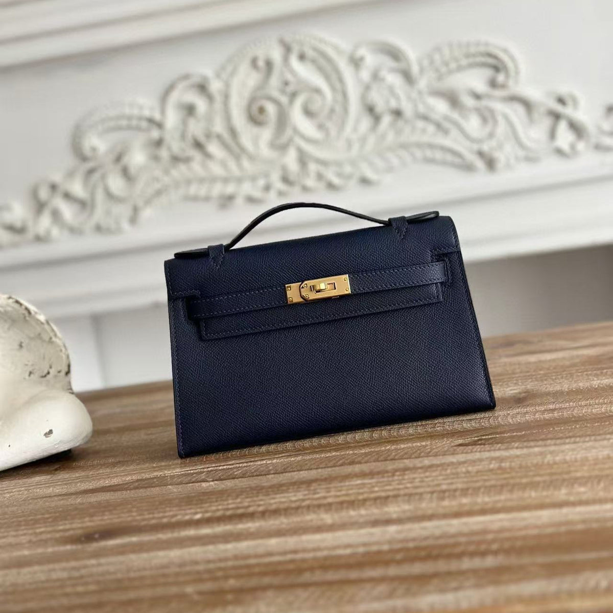 HM KELLY MINI POCHETTE 22 IN NAVY BLUE CALFSKIN