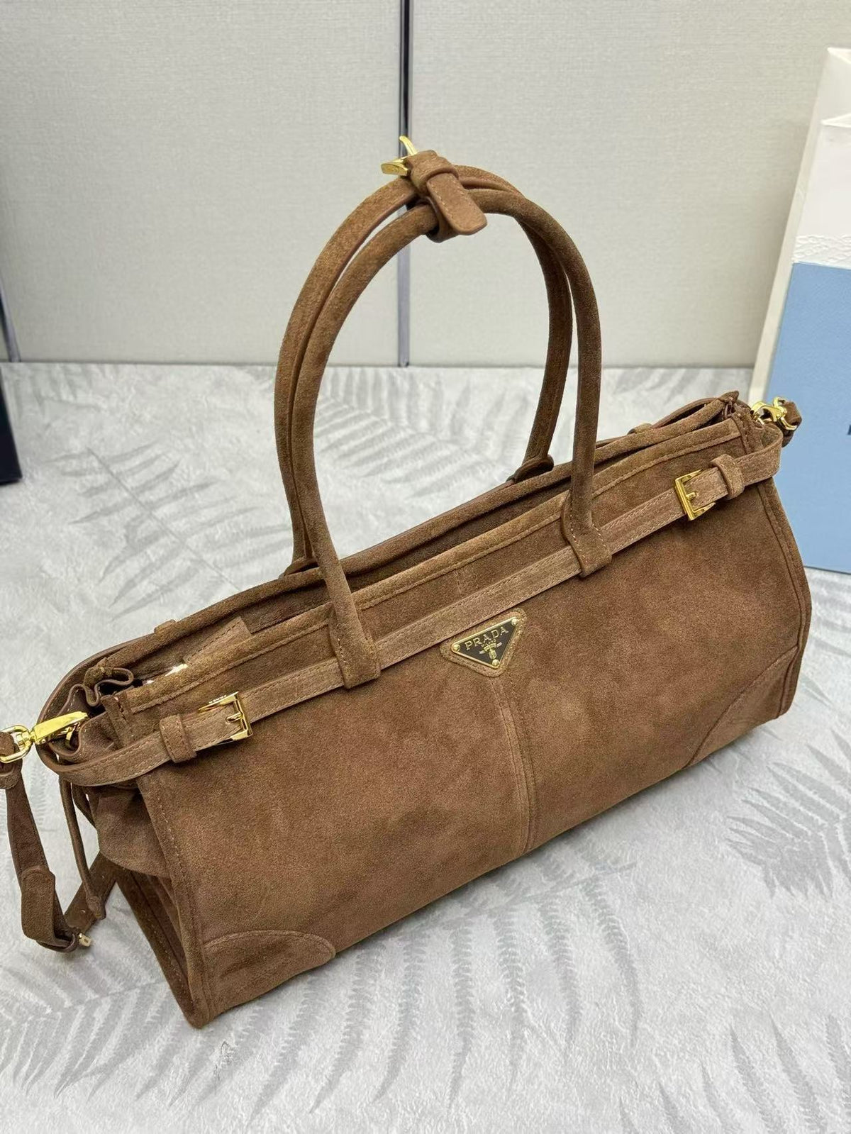 TOTE BAG WITH BELT 38 IN CHOCOLATE BROWN SUEDE GOLD HARDWARE