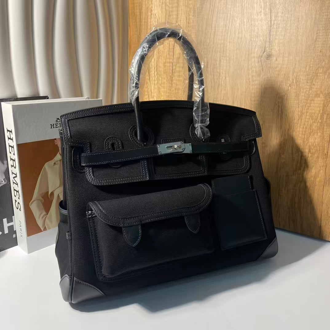 BIRKIN CARGO 35CM BLACK CANVAS AND LEATHER SILVER HARDWARE