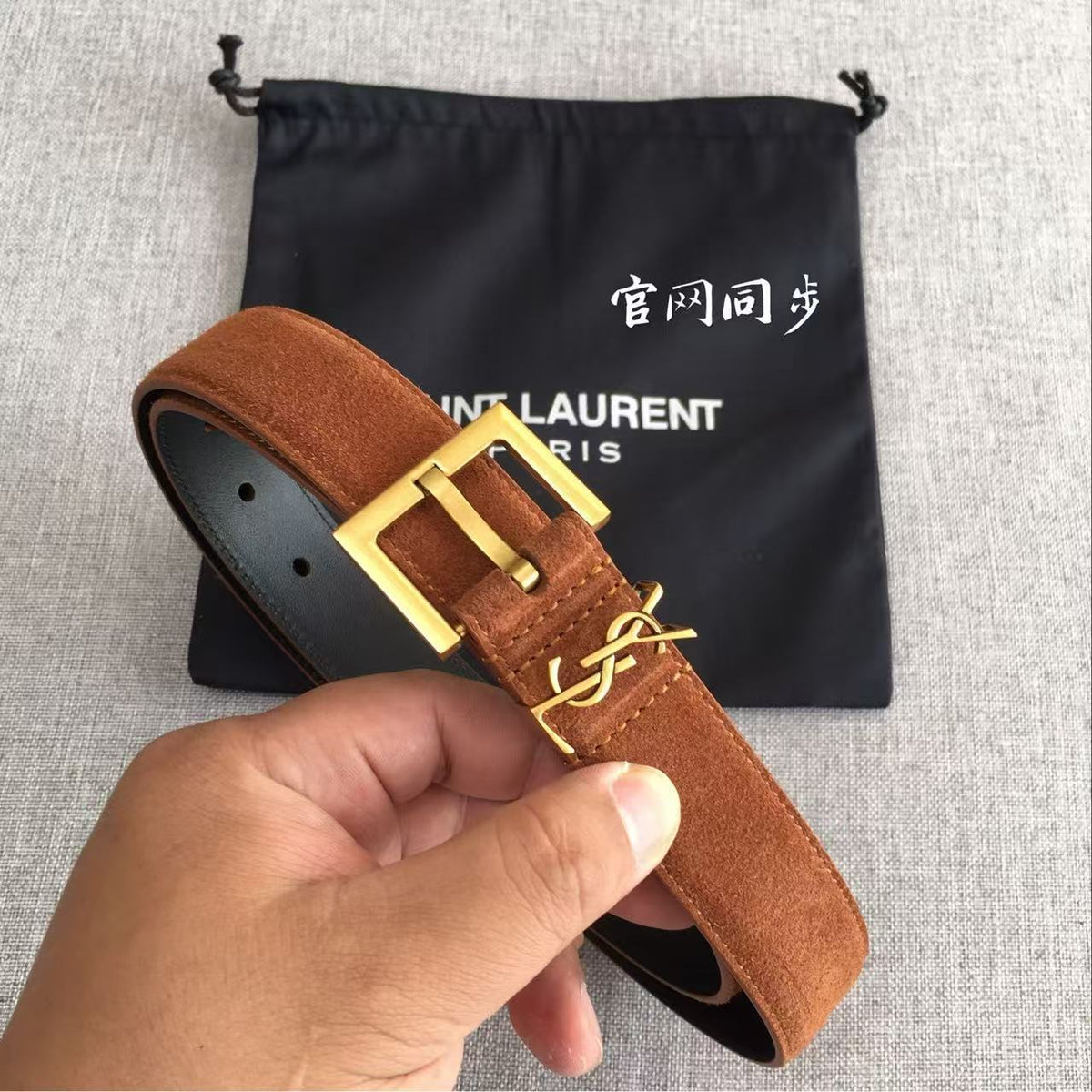 YSL CLASSIC MONOGRAM 30MM BROWN SUEDE GOLD BUCKLE mysite