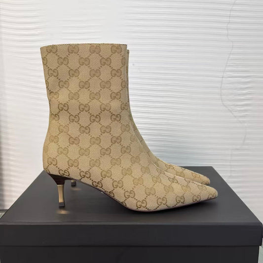 GUCCI 26S GG MONOGRAM POINTED-TOE ANKLE BOOTS 55MM IN BEIGE CANVAS