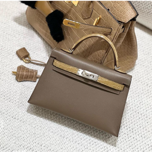 HM KELLY 25 ETOUPE EPSOM CALFSKIN MIX CROCODILE SKIN SILVER HARDWARE