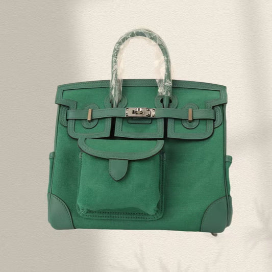 BIRKIN CARGO 25CM GREEN CANVAS AND LEATHER SILVER HARDWARE