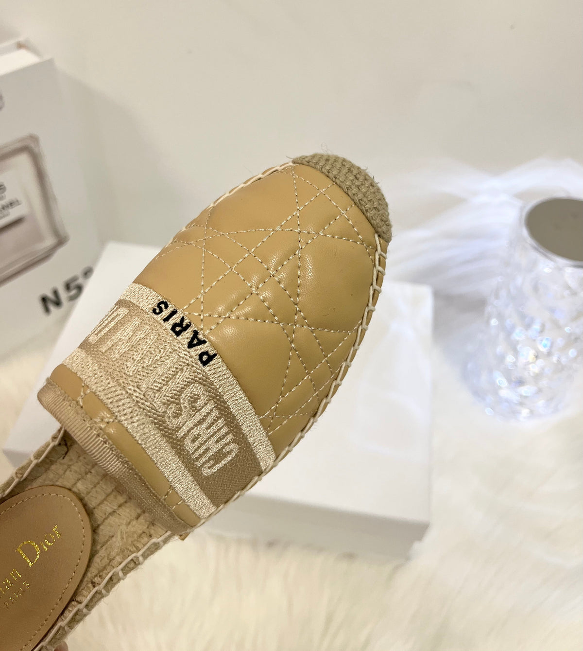 GRANVILLE ESPADRILLE MULE CAMEL BEIGE QUILTED CANNAGE CALFSKIN