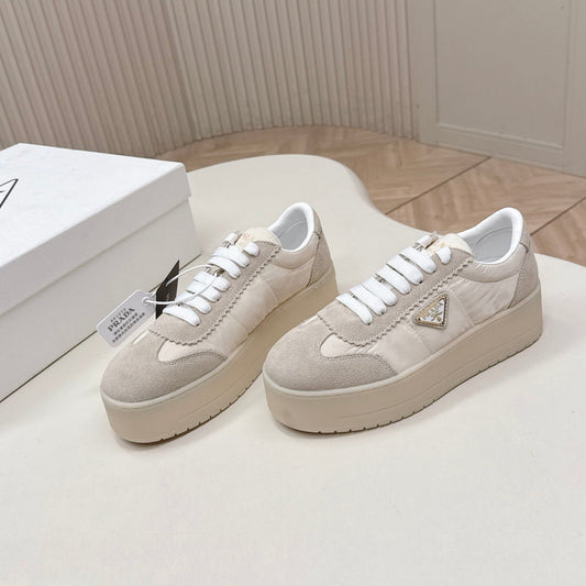 PRADA 26S PLATFORM SNEAKERS 50MM IN CREAM WHITE NYLON AND SUEDE