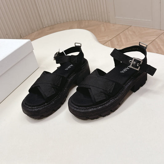 PRADA 26S CROSS STRAP CHUNKY SOLE SANDALS IN BLACK CANVAS