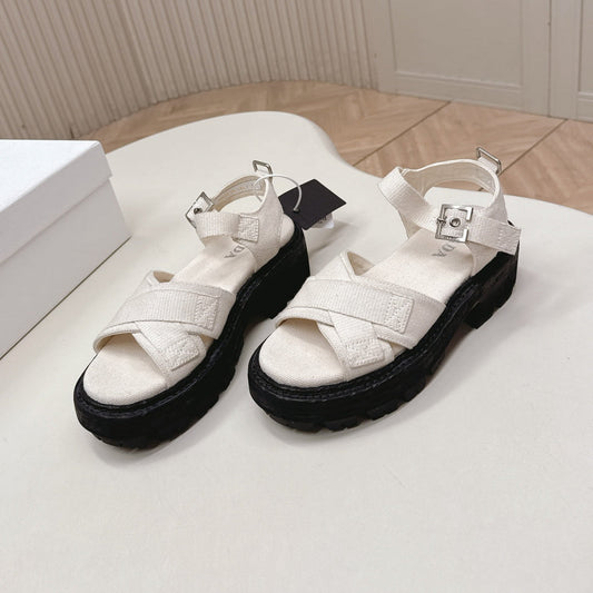 PRADA 26S CROSS STRAP CHUNKY SOLE SANDALS IN WHITE CANVAS
