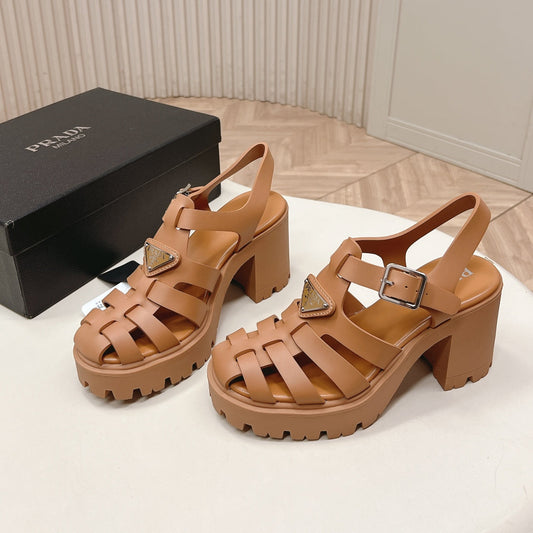 PRADA 26S CAGED PLATFORM HEEL SANDALS IN CARAMEL BROWN CALFSKIN