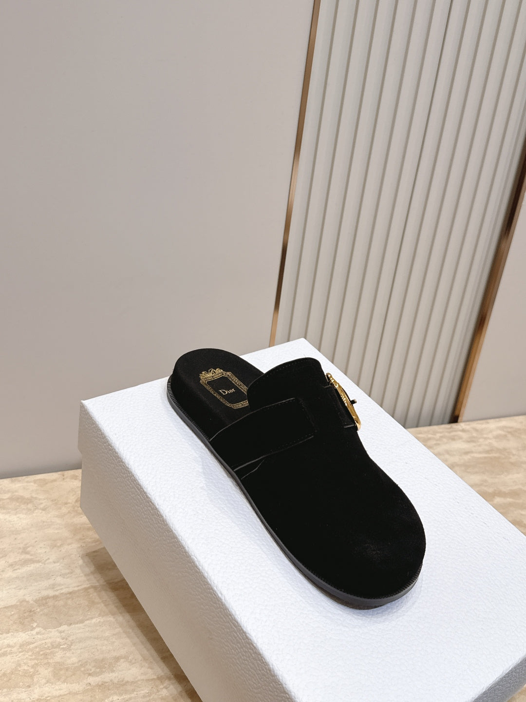 DIOR 26S BUCKLE MULE LOAFERS IN BLACK SUEDE GOLD HARDWARE