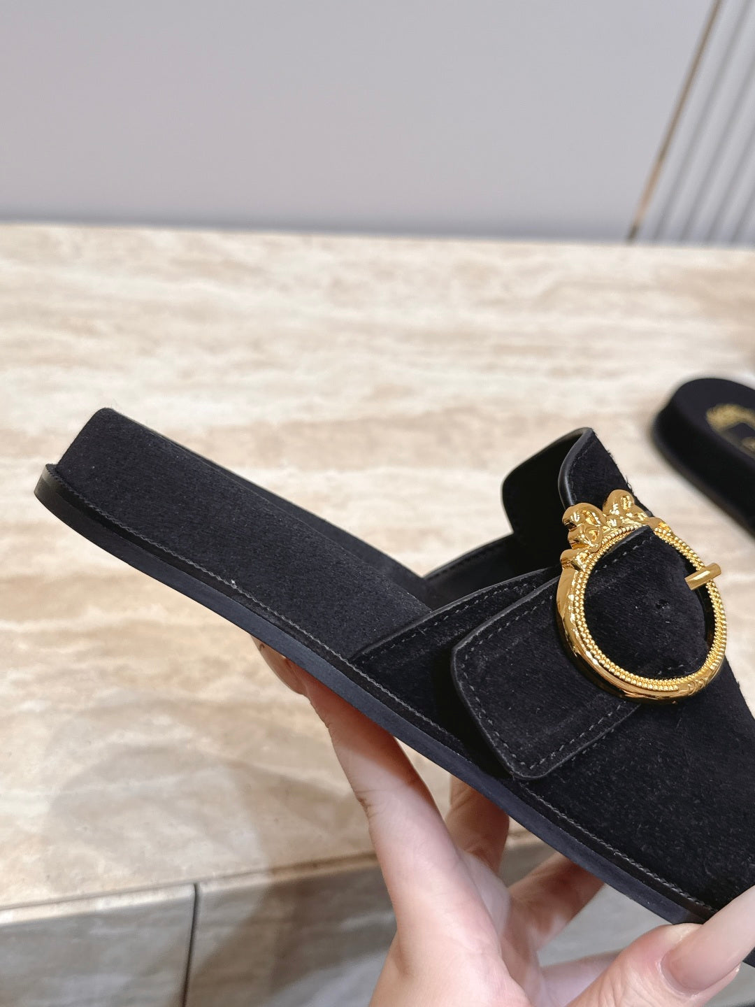 DIOR 26S BUCKLE MULE LOAFERS IN BLACK SUEDE GOLD HARDWARE