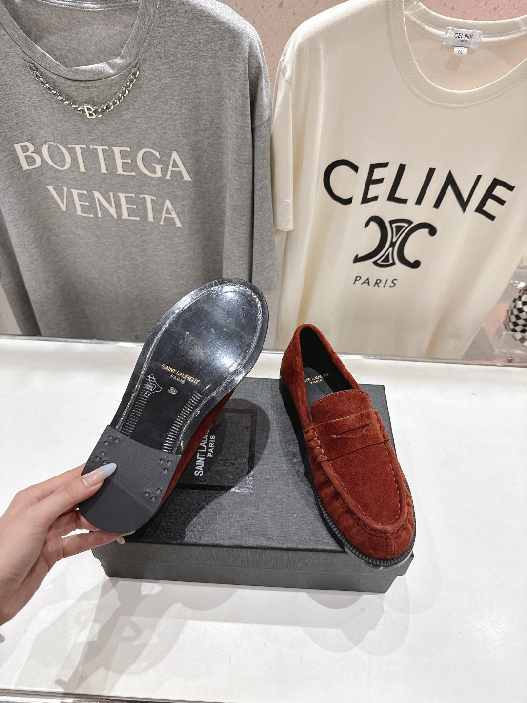 YSL 25S LOAFERS IN RED MAHOGANY SUEDE WITH GOLD HARDWARE