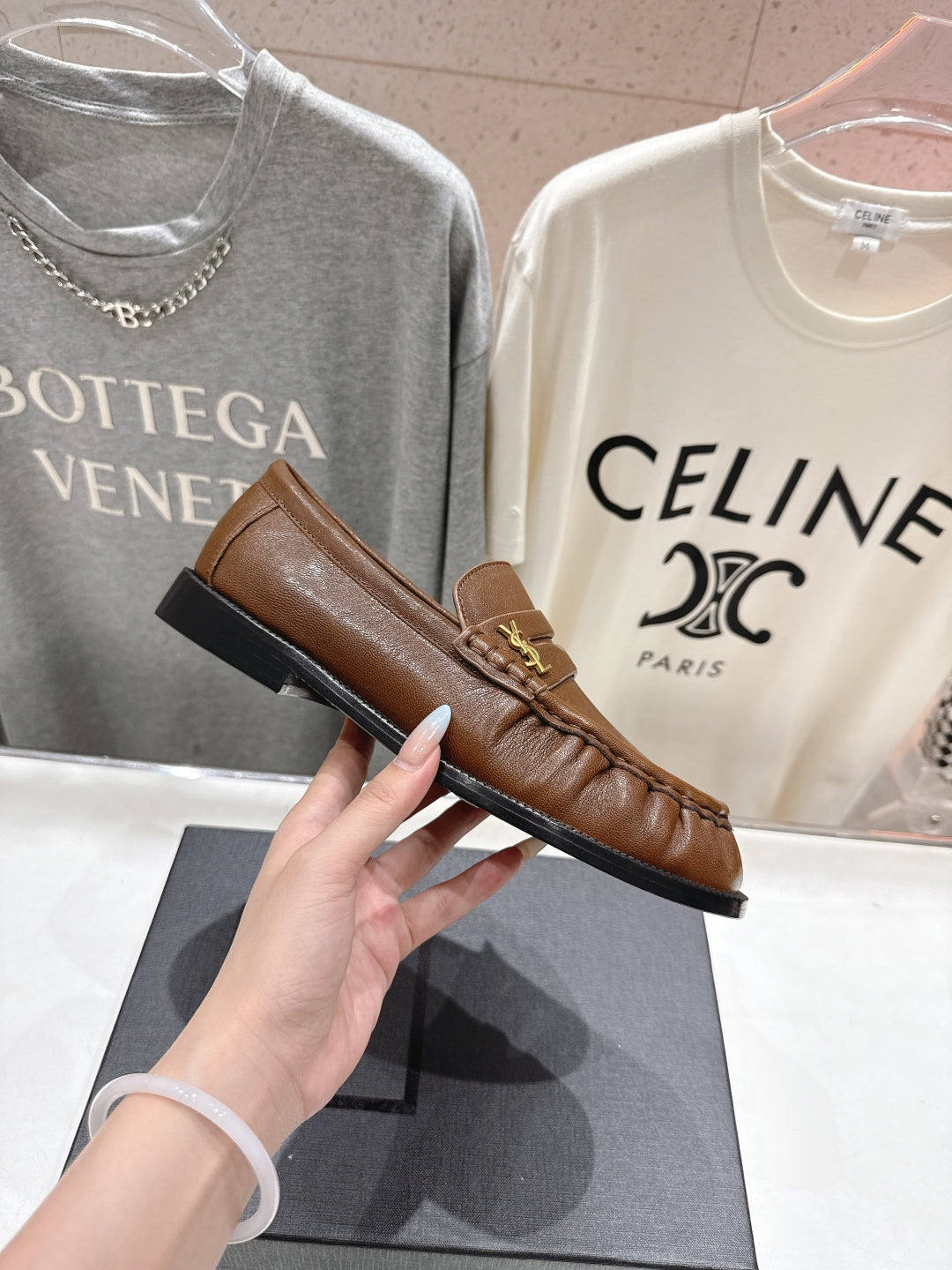 YSL 25S LOAFERS IN COFFEE BROWN LAMBSKIN WITH GOLD HARDWARE