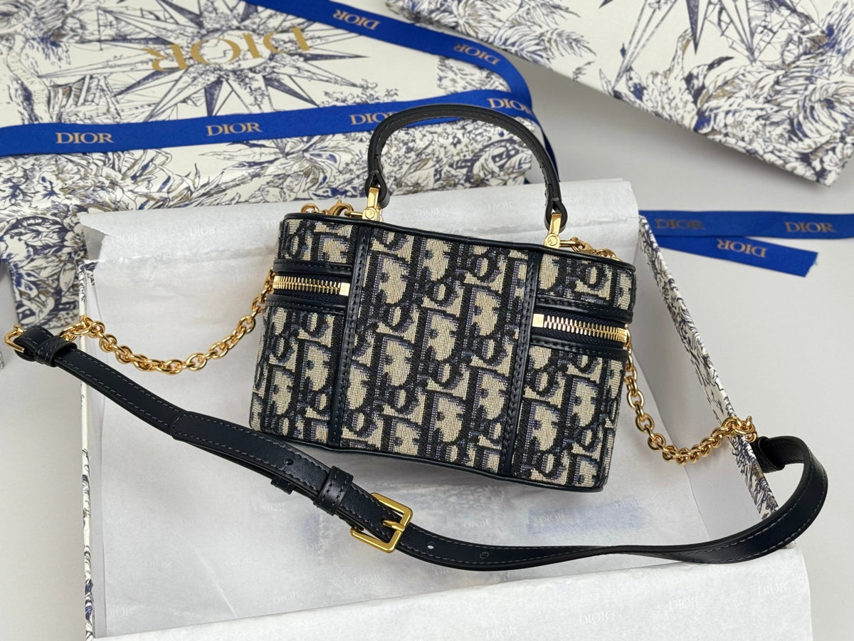 DIOR 25S 30 MONTAIGNE MINI VANITY CASE 16 IN BLUE DIOR OBLIQUE JACQUARD CANVAS