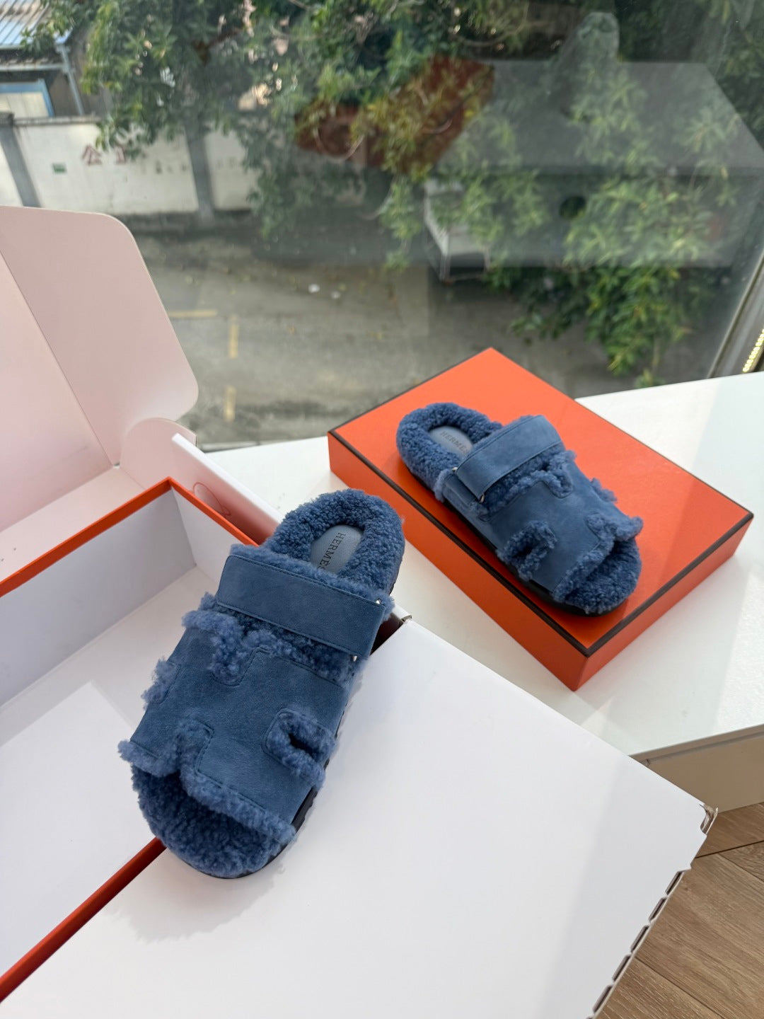 HM 26S SANDAL IN NAVY BLUE WOOL AND BLACK SUEDE