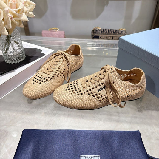 PRADA 26S LACE UP OPENWORK KNIT SNEAKERS IN BEIGE KNIT FABRIC