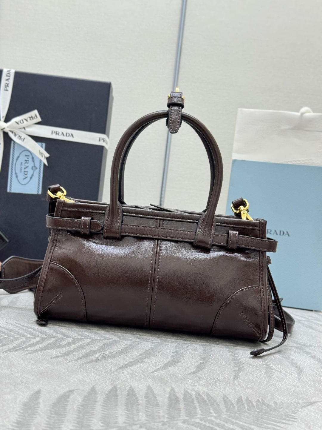 PRADA 25S BONNIE MINI HANDBAG 23 IN DARK BROWN CALFSKIN GOLD HARDWRE