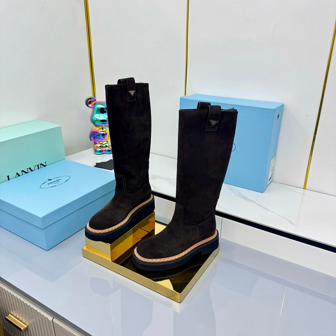 PRADA 25S HIGH BOOTS MARTIN 50MM IN DARK BROWN SUEDE WITH LOGO
