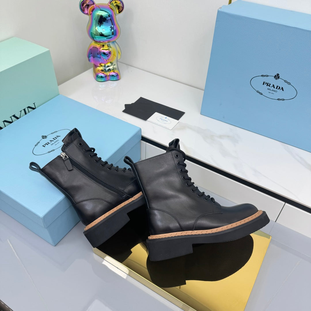 PRADA 25S LONG THICK SOLED MARTIN BOOTS 50MM IN BLACK CALFSKIN