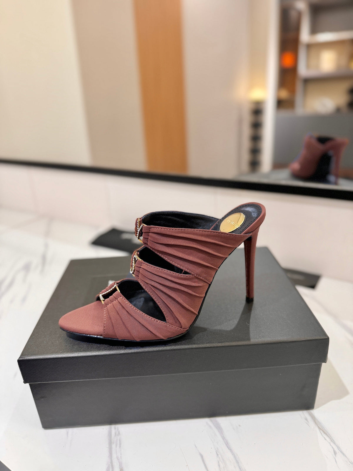 YSL 26S HEELED SANDALS 100 MM IN DARK BROWN FABRIC