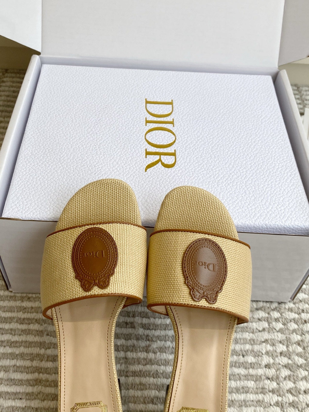 DIOR 26S D-BADGE SLIDE SANDALS IN BEIGE RAFFIA AND BROWN CALFSKIN