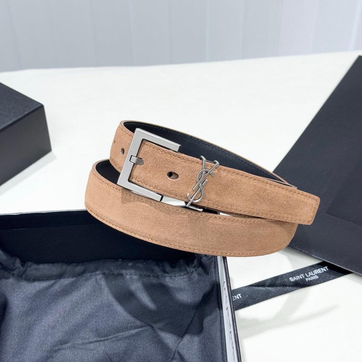 YSL 25S BELT 30 MM IN CARAMEL BROWN SUEDE 586762 mysite