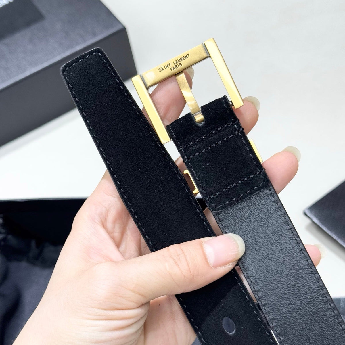 YSL 25S BELT 30 MM IN BLACK SUEDE WITH GOLD HARDWARE 586763 mysite