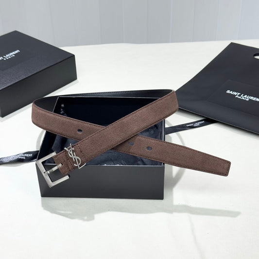 YSL 25S BELT 30 MM IN ASH BROWN SUEDE WITH SILVER HARDWARE 586766 mysite