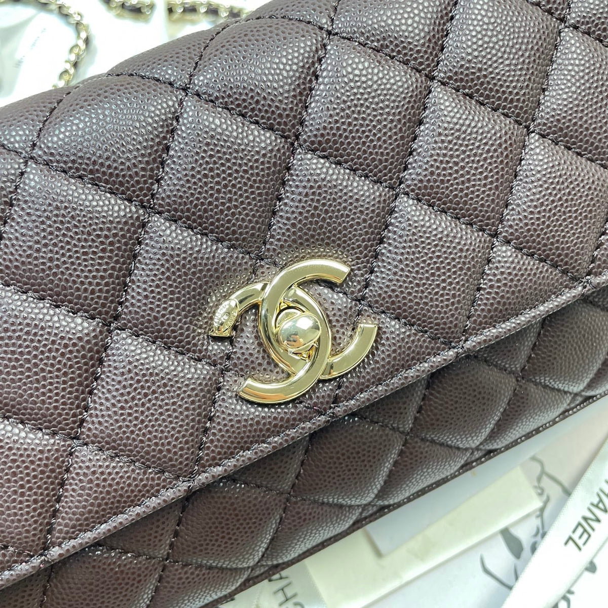CHANEL 26S COCO HANDLE BAG 32 IN DARK BROWN CAVIAR CALFSKIN GOLD HARDWARE