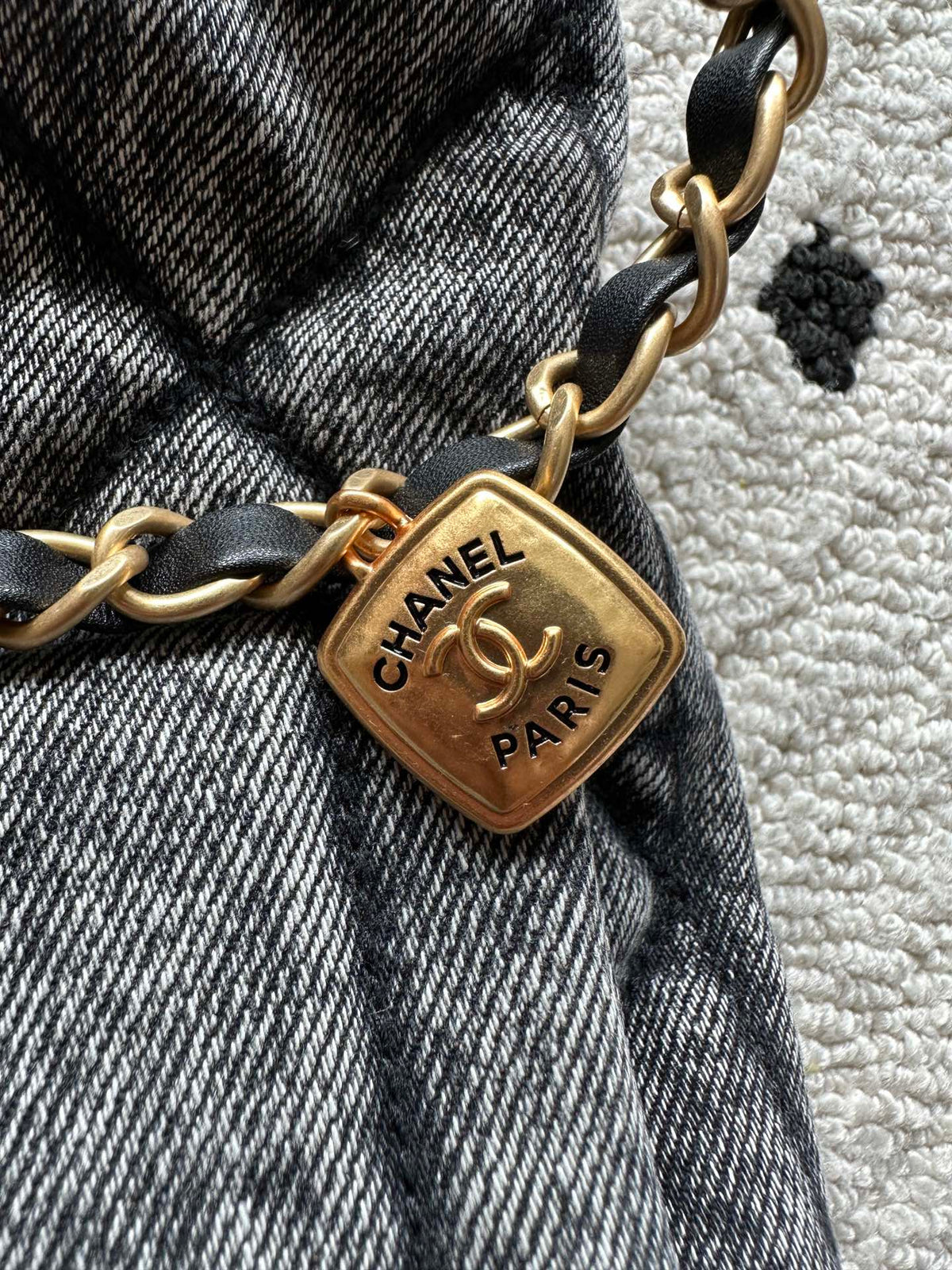 CHANEL 25S HOBO BAG 38 IN DARK GREY DENIM WITH GOLD HARDWARE