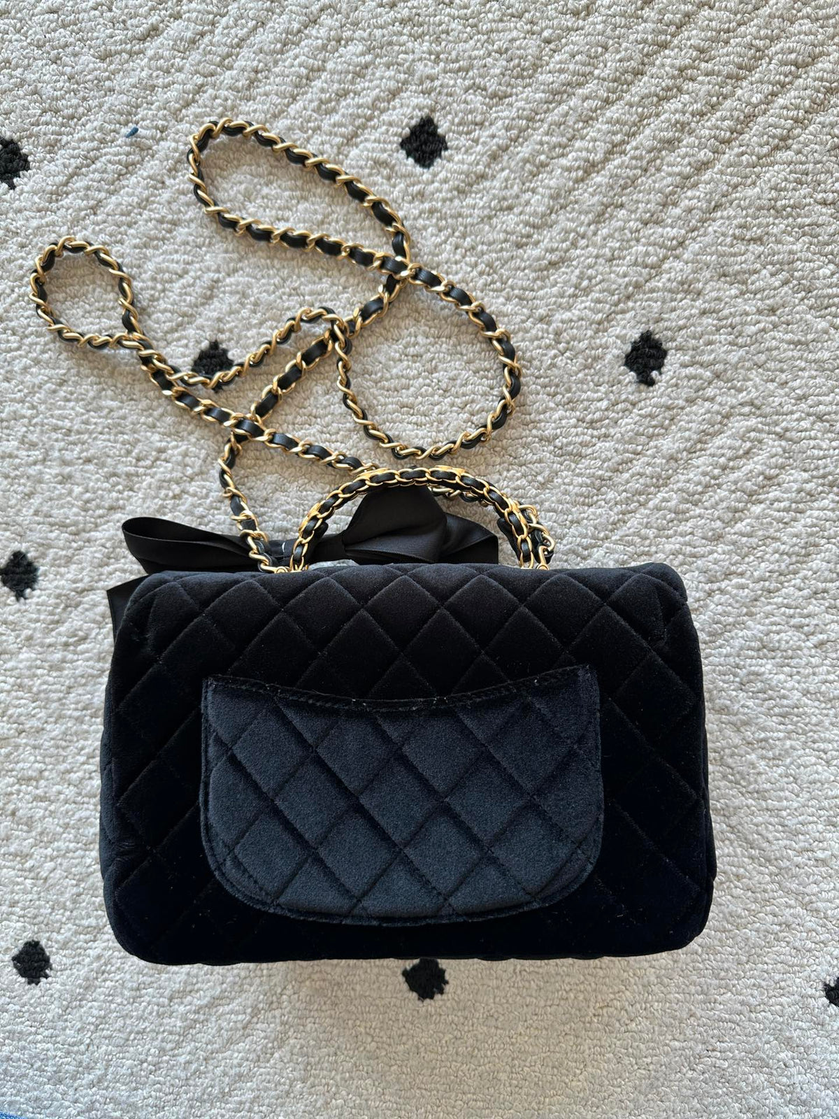 CHANEL 25S MINI FLAP BAG 23 IN BLACK VELVET WITH GOLD HARDWARE