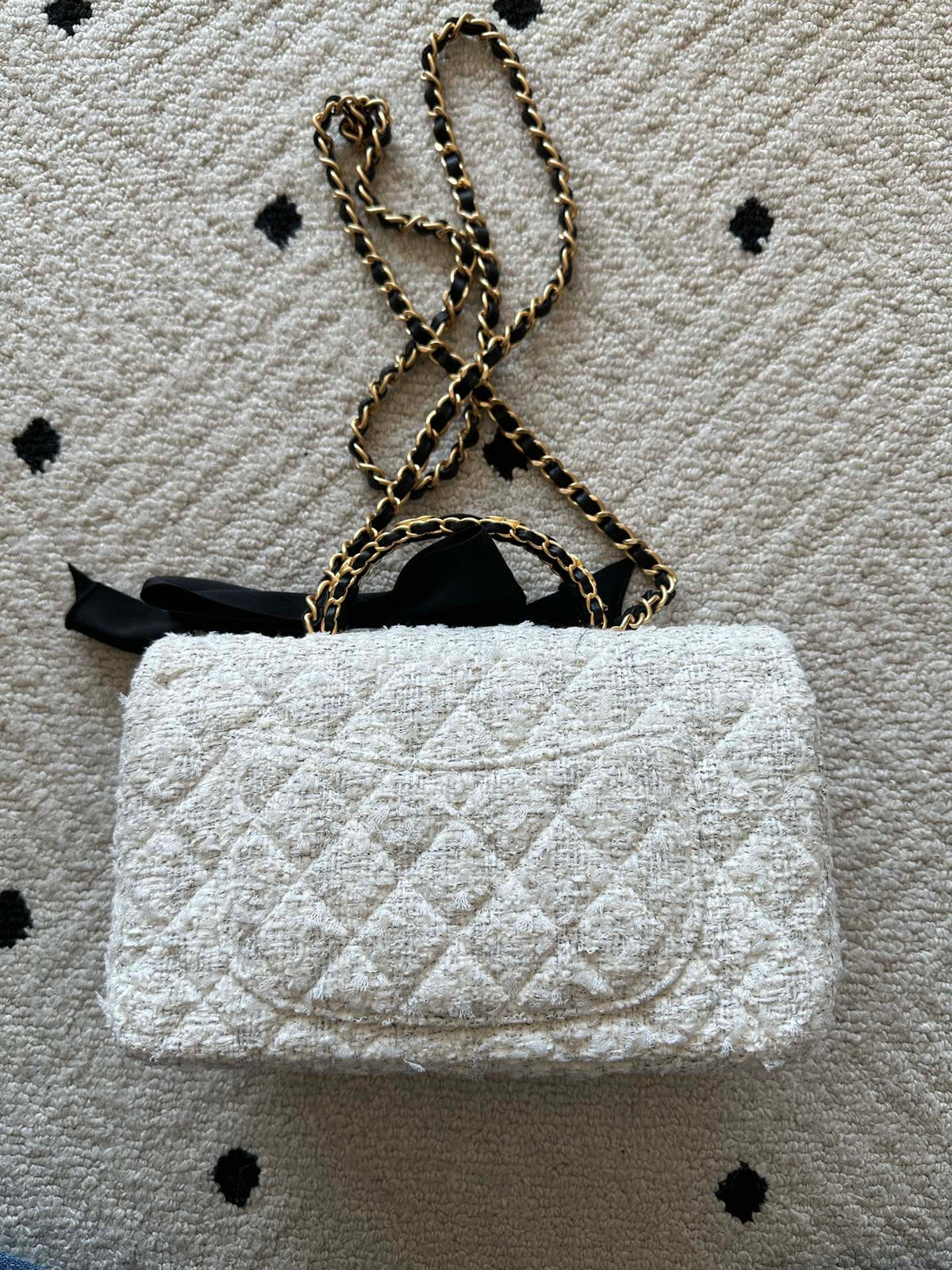 CHANEL 25S MINI FLAP BAG 23 IN CREAM WHITE TWEED WITH GOLD HARDWARE