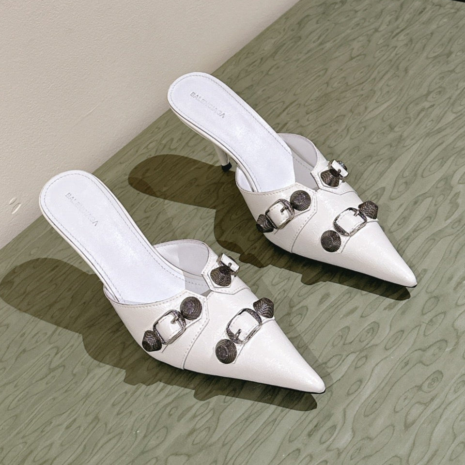 CAGOLE POINTED HIGH MULES IN WHITE SHINY CALFSKIN