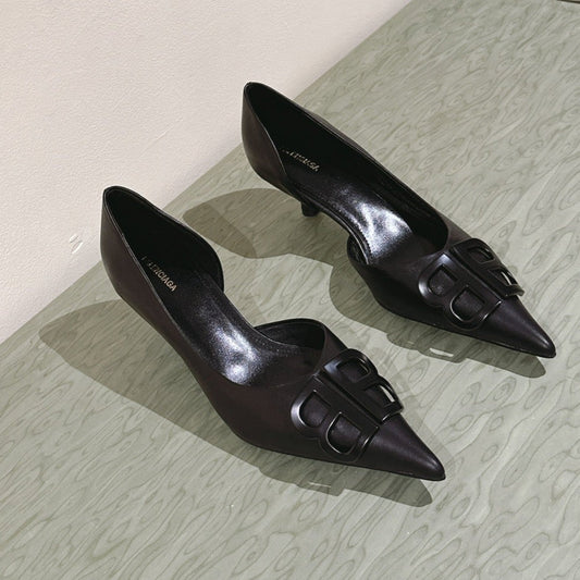 POINTED BB BLACK BUCKLE KITTEN HEEL PUMPS IN BLACK SMOOTH LAMBSKIN