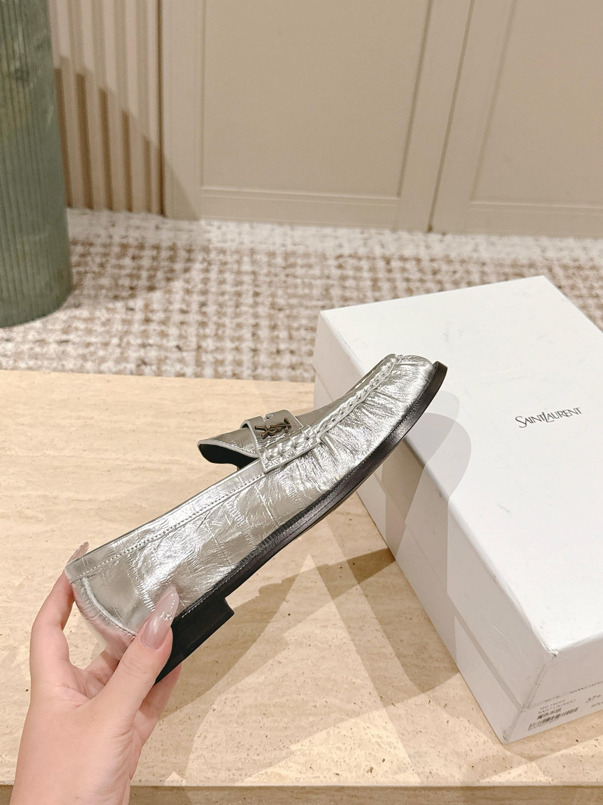 YSL 25S SAINT LAURENT LOAFERS IN SILVER CALFSKIN WITH SMALL LOGO