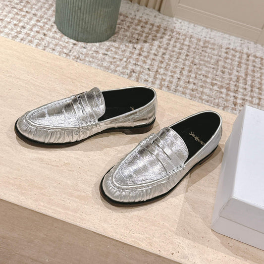 YSL 25S SAINT LAURENT LOAFERS IN SILVER CALFSKIN WITH SMALL LOGO