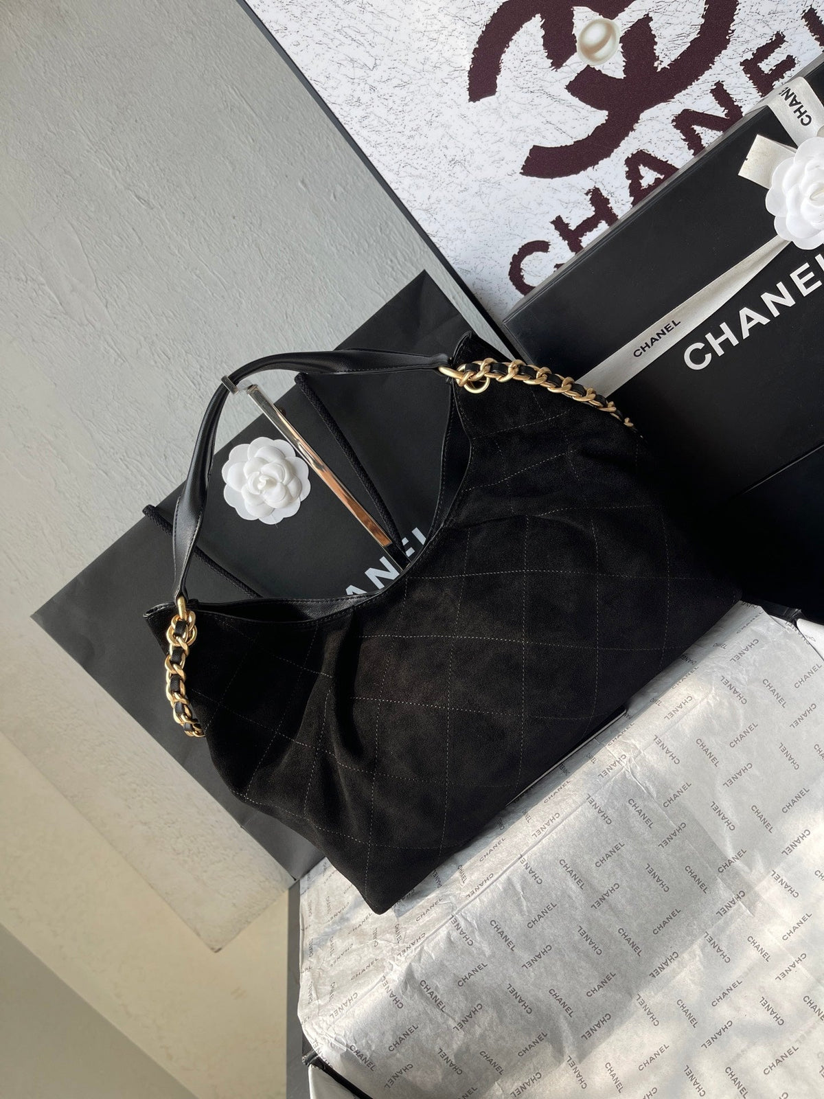 CHANEL 25S HOBO BAG 33 IN BLACK SUEDE GOLD HARDWARE