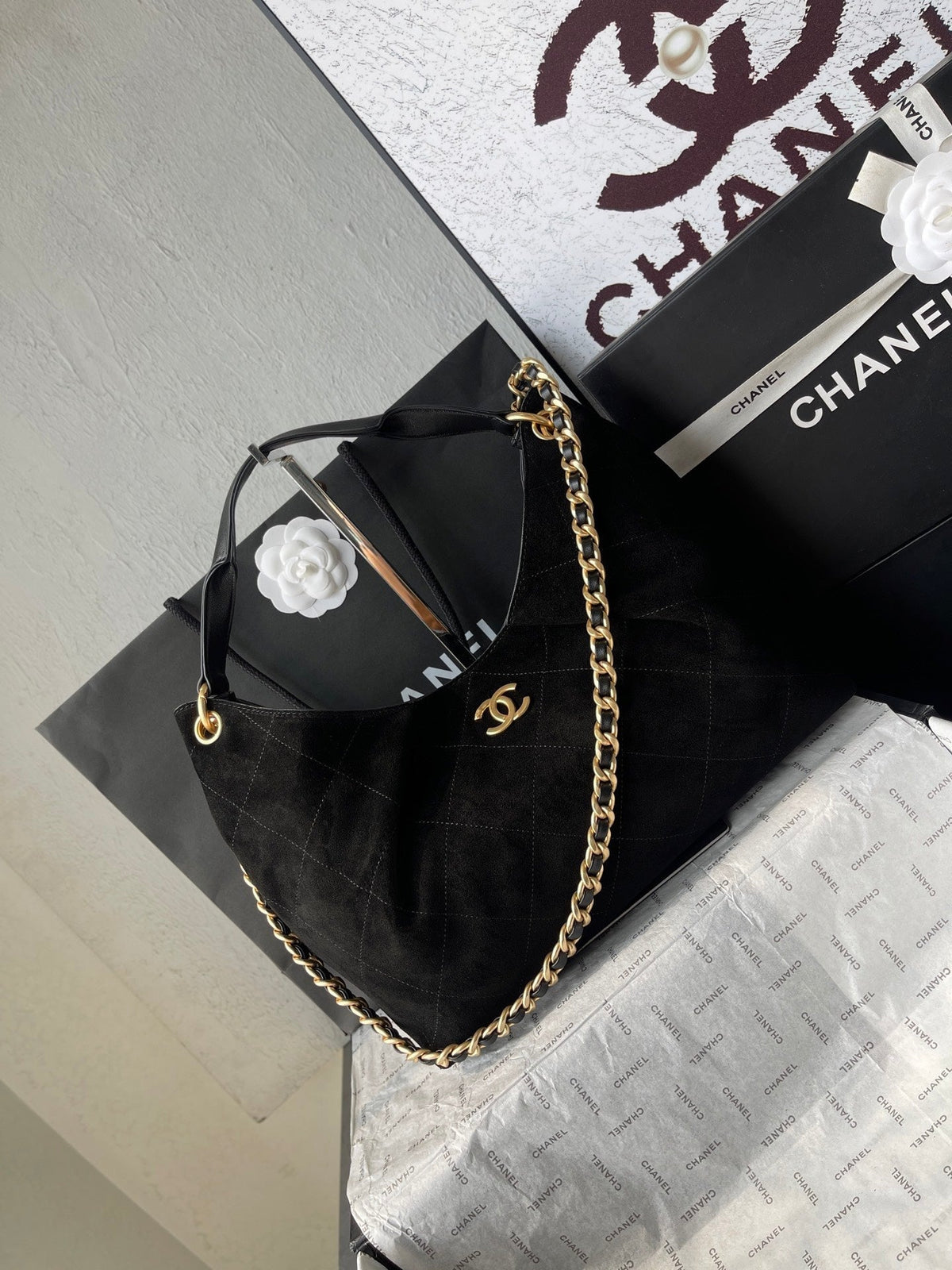 CHANEL 25S HOBO BAG 33 IN BLACK SUEDE GOLD HARDWARE