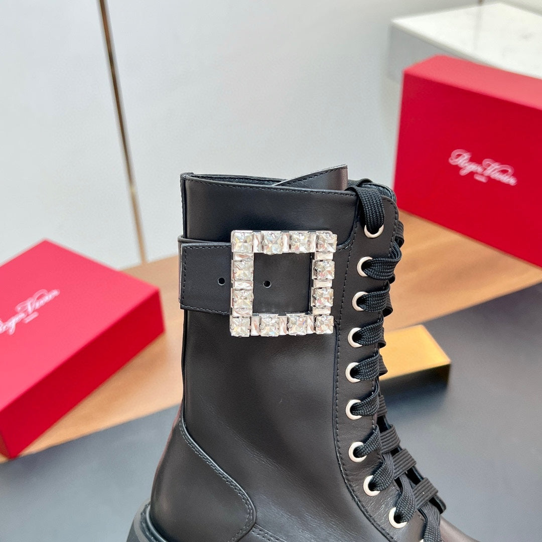 VIV' RANGERS STRASS BUCKLE BOOTS IN BLACK CALFSKIN EMBELLISHED BUCKLE