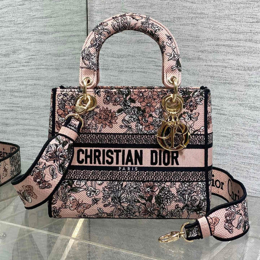 DIOR 25S SMALL LADY D-LITE BAG 24 IN PINK DIOR FLOWERS CALENDAR ALLOVER EMBROIDERY