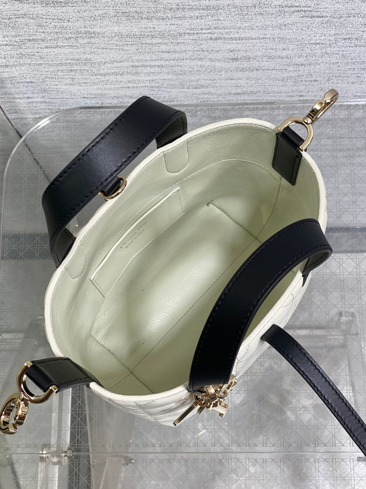 DIOR 25S TOUJOURS VERTICAL NANO TOTE BAG 18 IN IVORY BLACK MACROCANNAGE CALFSKIN