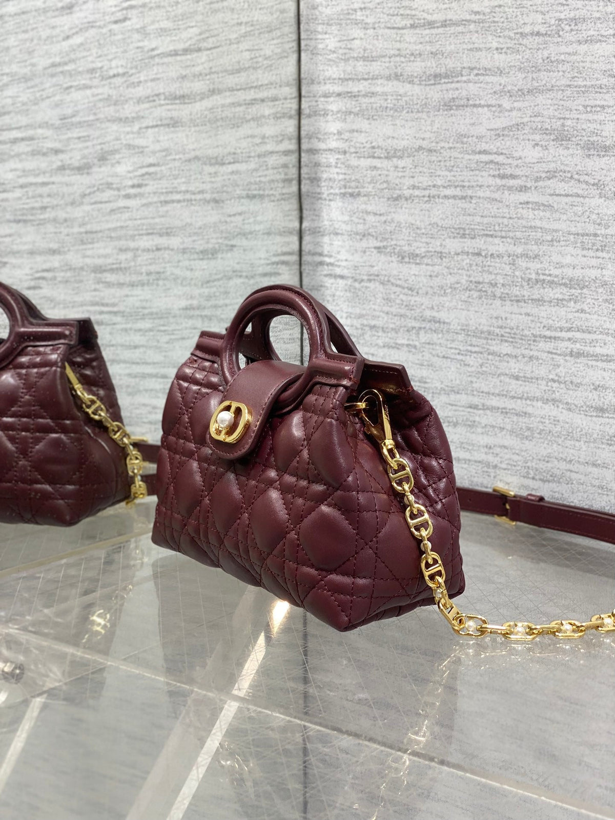 DIOR 25S JOLIE TOP HANDLE MINI BAG 18 IN BURGUNDY CALFSKIN GOLD HARDWRE