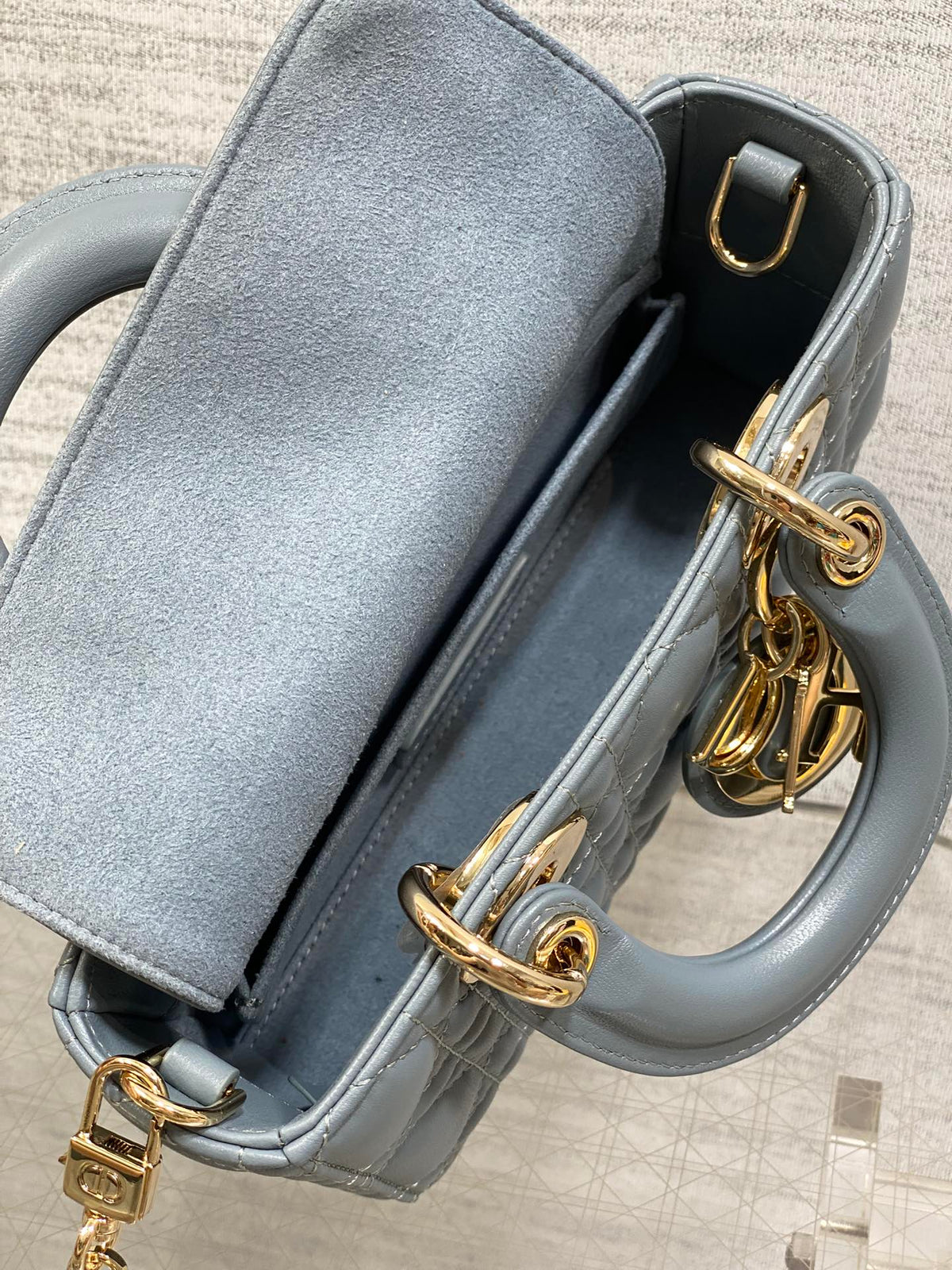 DIOR 25S SMALL LADY D‑JOY BAG 19 IN STEEL BLUE GRAY CANNAGE CALFSKIN GOLD HARDWRE
