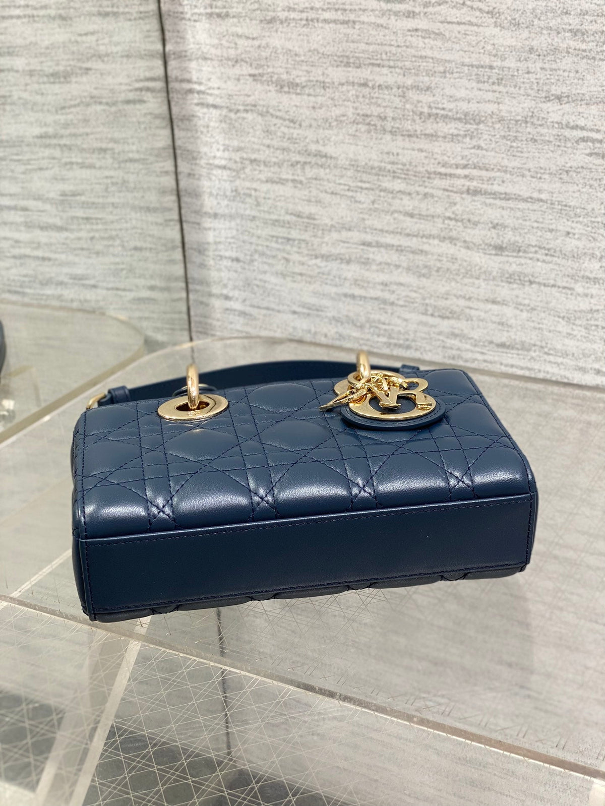 DIOR 25S SMALL LADY D‑JOY BAG 19 IN DARK BLUE CANNAGE CALFSKIN GOLD HARDWARE