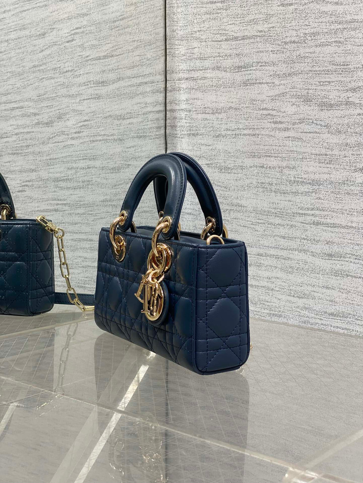 DIOR 25S SMALL LADY D‑JOY BAG 19 IN DARK BLUE CANNAGE CALFSKIN GOLD HARDWRE