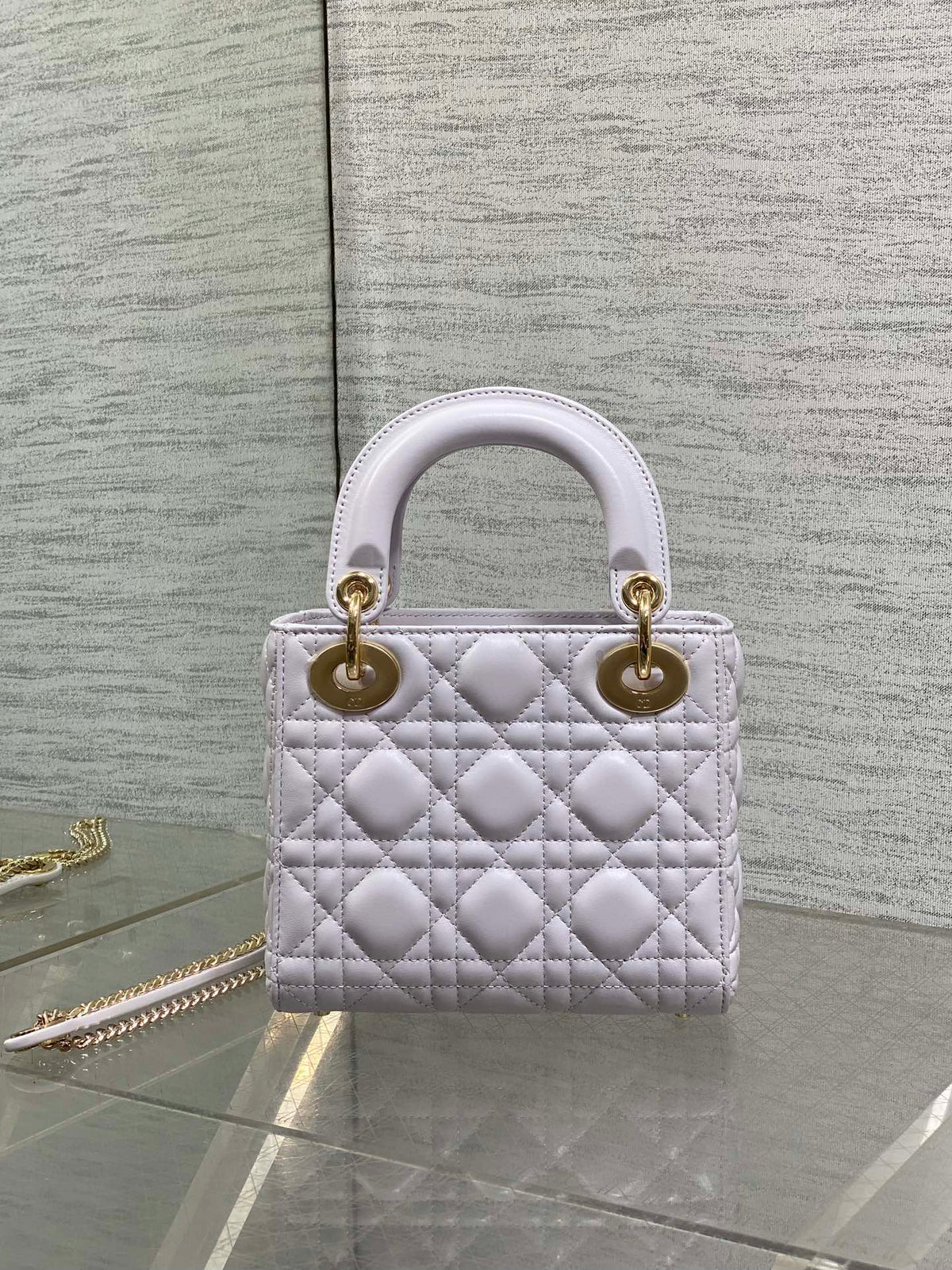 DIOR 25S MINI LADY DIOR BAG 17 IN LILAC CALFSKIN CHARM CRYSTAL EMBELLISHMENTS